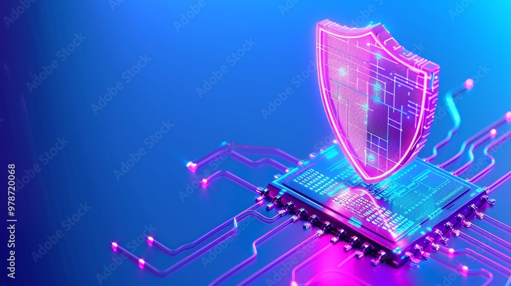 Poster digital shield symbolizing cybersecurity on a futuristic circuit board, highlighting data protection