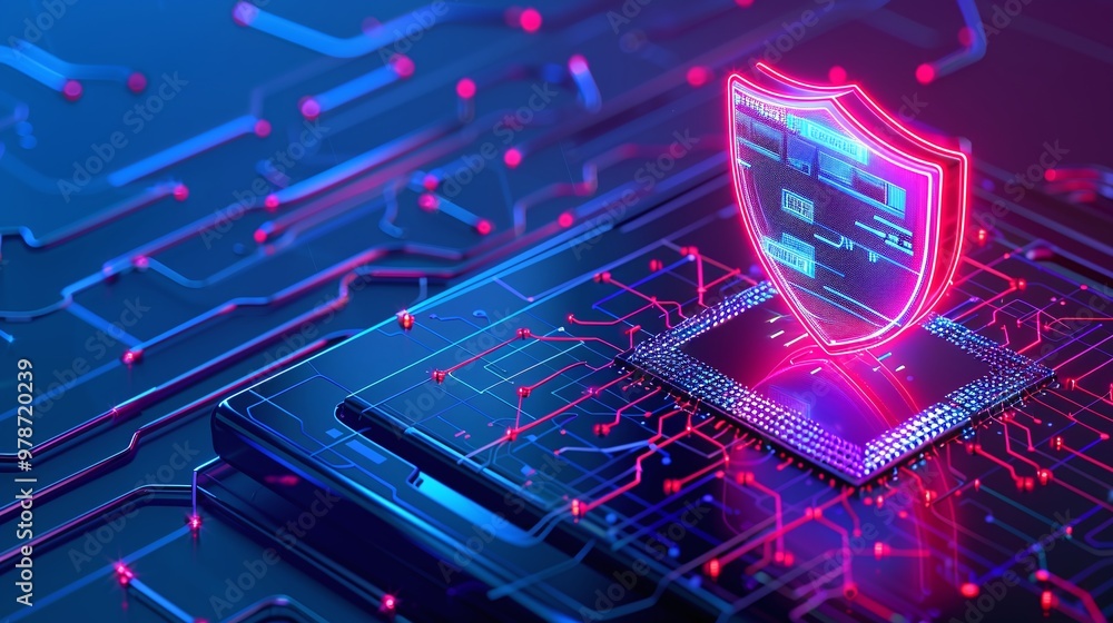 Poster digital shield symbolizing cybersecurity on a microchip surrounded by glowing circuits and data stre