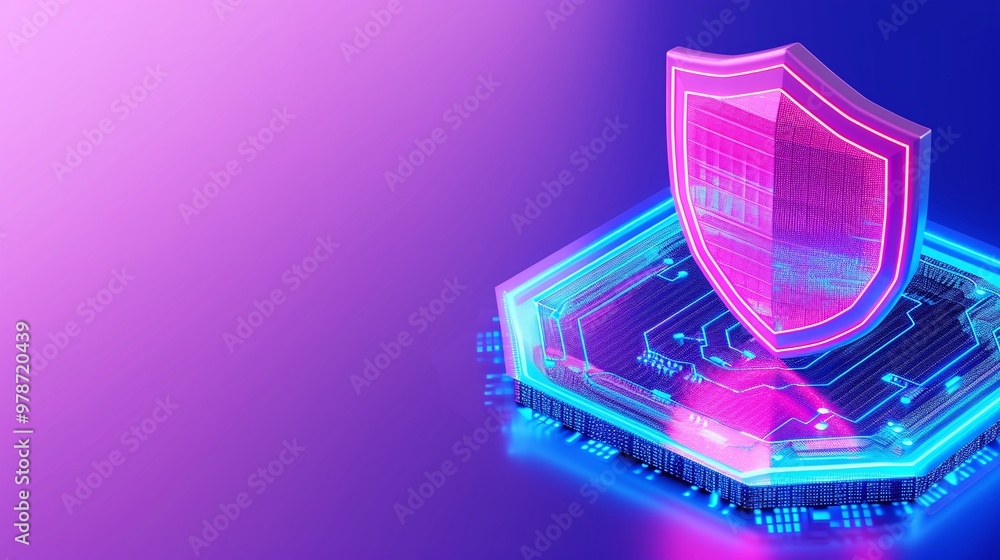 Poster digital shield symbolizing cybersecurity protection on a vibrant neon background with tech elements.