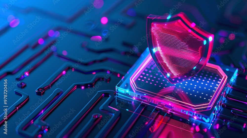 Poster digital shield symbolizing cybersecurity protection on a vibrant circuit board backdrop with neon li