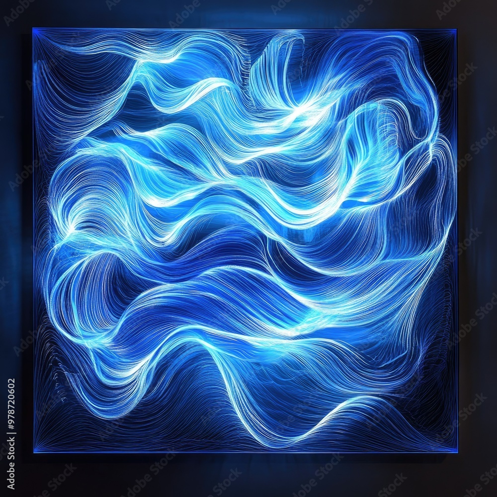 Poster illuminated blue waves twisting and moving in a continuous pattern, evoking motion and light energy