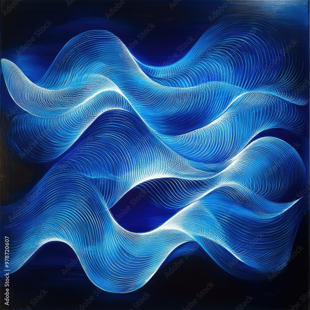 Poster illuminated blue waves twisting and moving in a continuous pattern, evoking motion and light energy