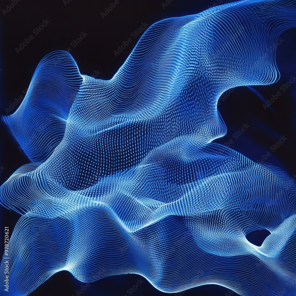 Poster illuminated blue waves twisting and moving in a continuous pattern, evoking motion and light energy