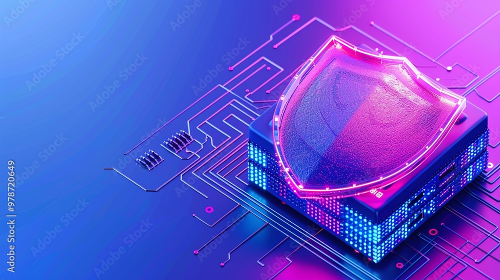 Poster digital shield symbolizing cybersecurity protection over a circuit board background, reflecting a hi