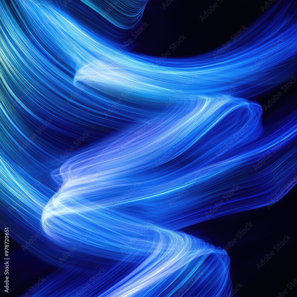 Poster illuminated blue waves twisting and moving in a continuous pattern, evoking motion and light energy