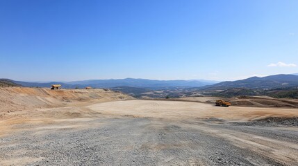 A vast construction site with machinery and a clear blue sky in the background.
