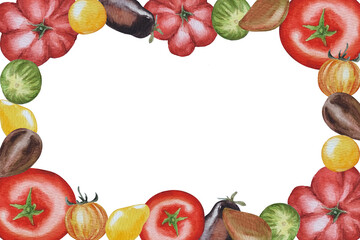 Frame of different varieties of tomatoes,  watercolor illustration white background, for your design card invitation frame