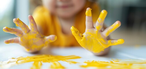 A joyful child with yellow paint on hands, showcasing creativity and fun in an artistic play environment.