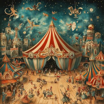 Illustrated circus scene with a grand striped tent in the center, surrounded by performers and vintage carnival elements