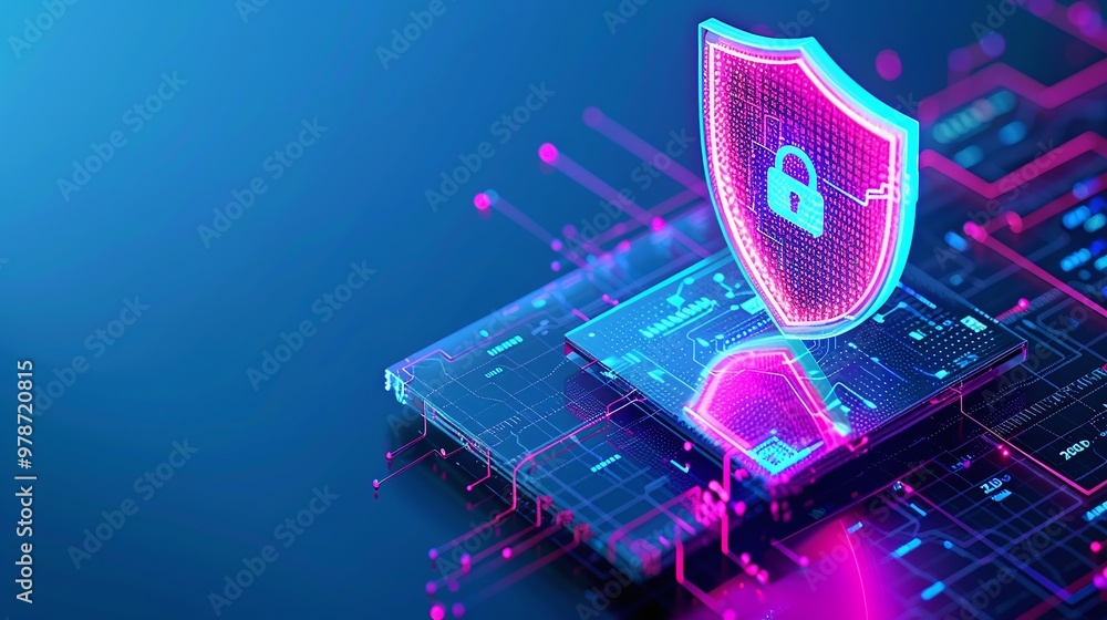 Poster digital shield symbolizing cybersecurity with vibrant neon colors and data circuitry background, rep