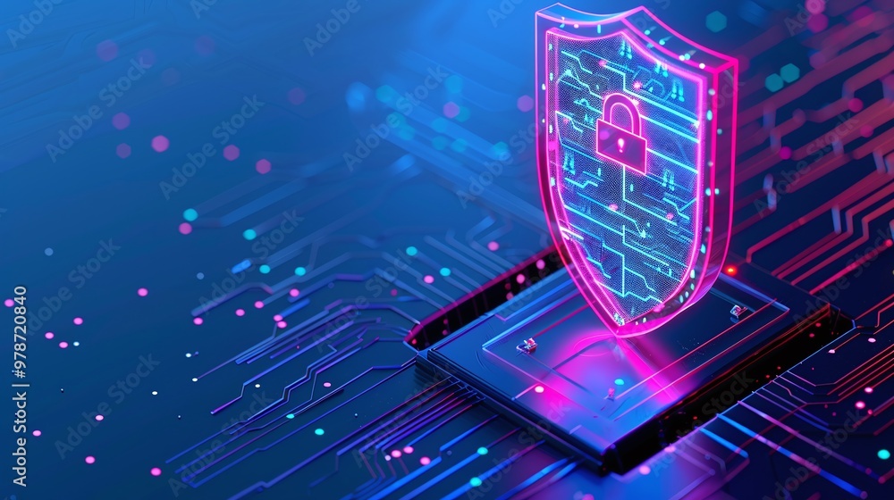Poster digital shield symbolizing cybersecurity, showcasing protection against online threats and secure da