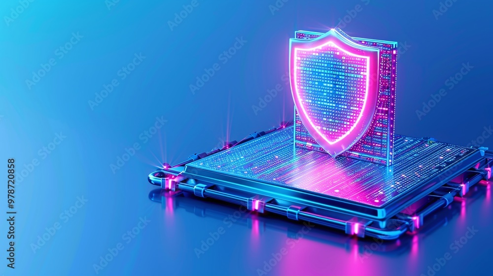 Poster digital shield symbolizing data protection and cybersecurity in a vibrant, futuristic setting with n