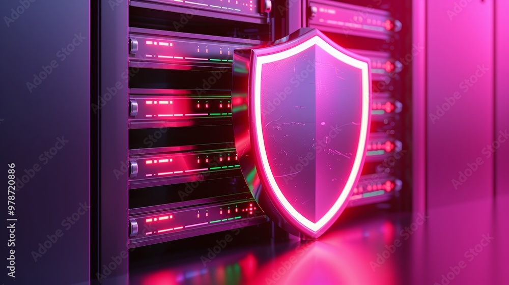 Poster digital shield symbolizing data security and protection in a vibrant server environment with neon ac
