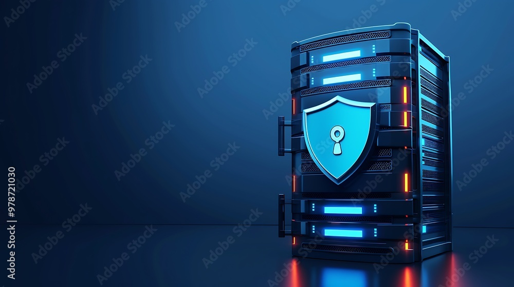 Poster digital storage with a security shield, symbolizing data protection and cybersecurity in a modern te