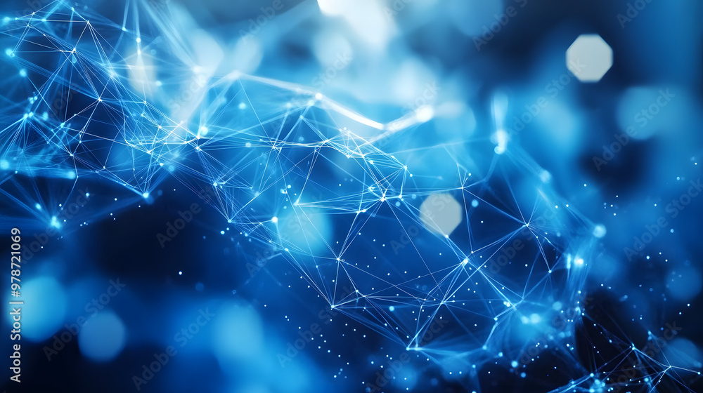 Poster abstract illustration featuring plexus blue geometrical shapes, representing connection and web conc