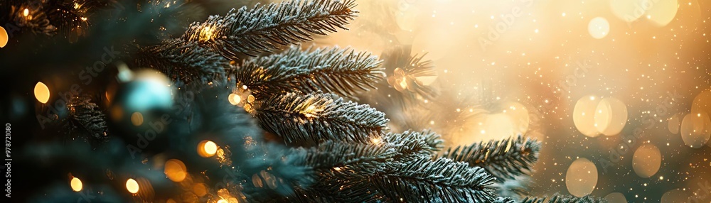 Poster a close-up view of a christmas tree branch adorned with festive lights, creating a warm and magical 