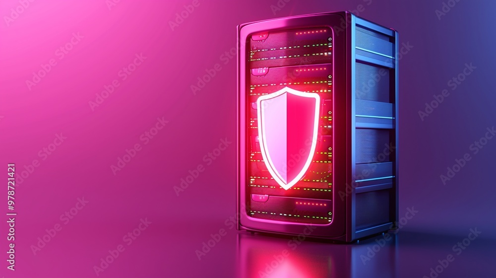 Poster futuristic computer server with a glowing shield symbol, representing cybersecurity and data protect