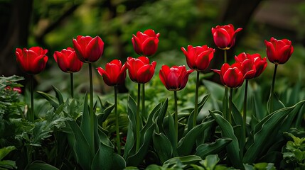 Lush garden of red tulip flowers, their vibrant petals standing out against the green foliage