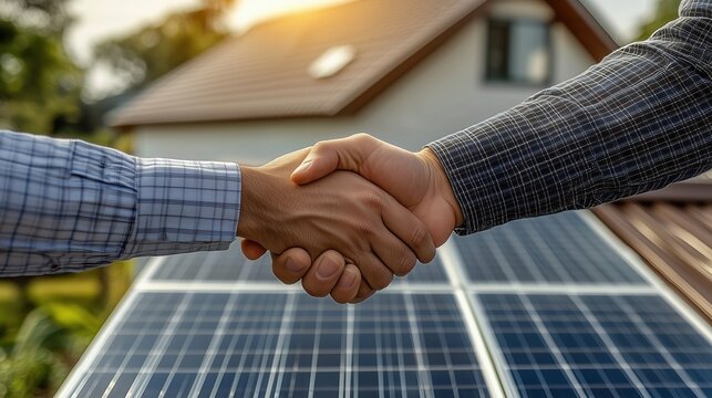 Business handshake over solar energy deal. Close-up of a handshake in front of a house with solar panels, symbolizing a successful business deal for solar energy installation.