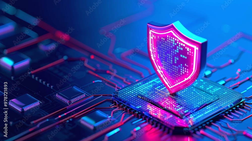 Poster futuristic cybersecurity concept showcasing a glowing shield symbol on a digital circuit board, repr