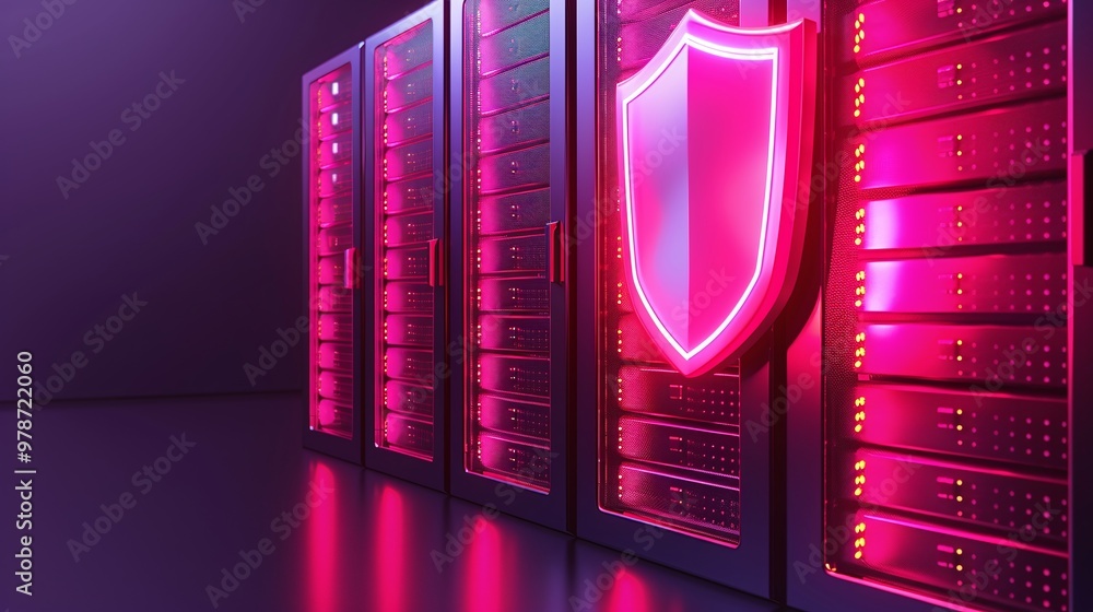 Poster futuristic data center with glowing servers and a shield symbol representing cybersecurity protectio