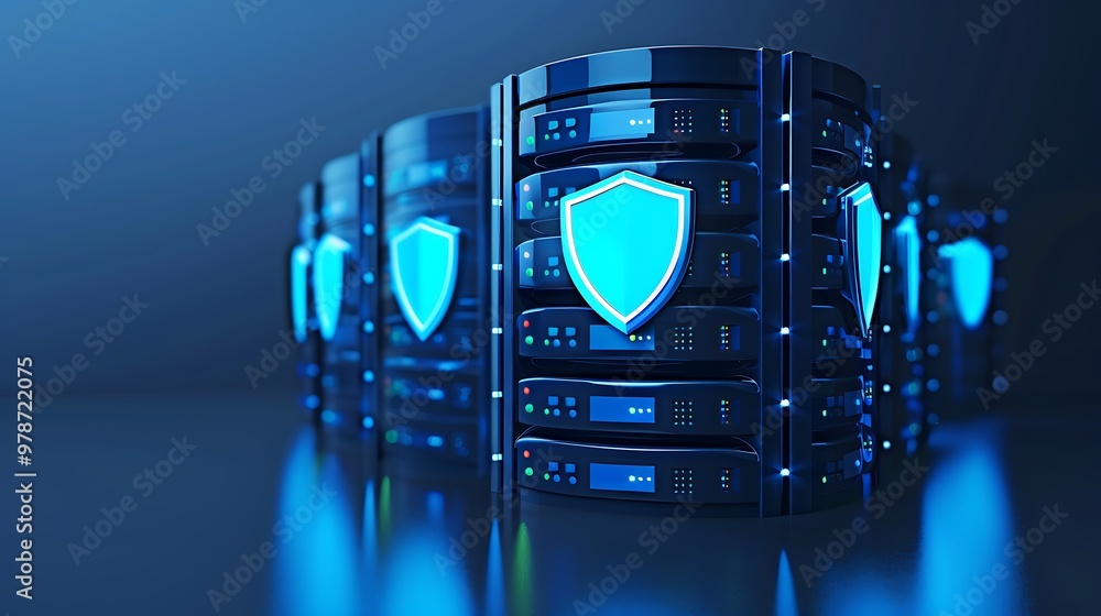 Poster futuristic data center with glowing servers and security shields, emphasizing cybersecurity and tech