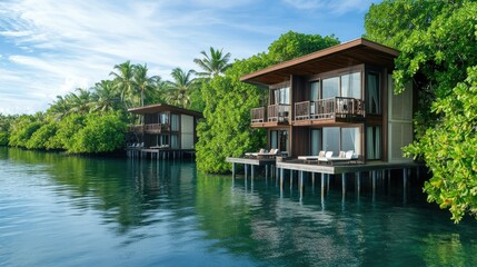 Obraz premium Maldivian resort villas perched on stilts above a calm lagoon, with lush greenery in the background.