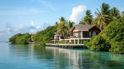 Obraz premium Maldivian resort villas perched on stilts above a calm lagoon, with lush greenery in the background.