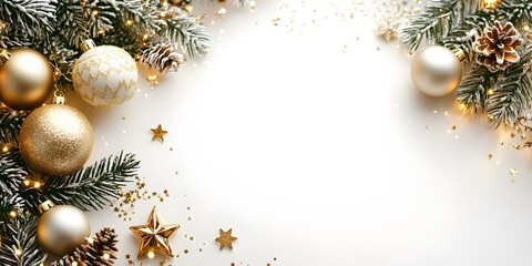  A beautiful Christmas background with golden stars and decorations on the sides, copy space for text for card, banner design.