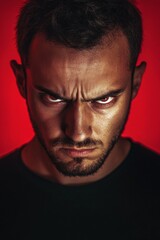 Fototapeta premium Angry and Expressive Man Located Against Red Background, exhibiting a strong of intense anger