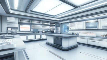 A modern laboratory interior with sleek design and advanced equipment for scientific research.
