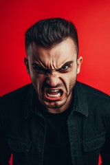 Fototapeta premium Angry and Expressive Man Located Against Red Background, exhibiting a strong of intense anger