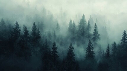 Mist drifting through a dark, foggy forest of towering trees, shrouding the landscape in a mysterious haze