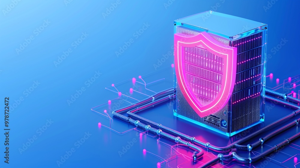 Poster futuristic data protection concept featuring a glowing shield on a server, symbolizing cybersecurity