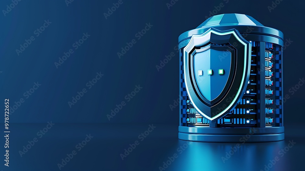 Poster futuristic data protection shield over server, symbolizing cybersecurity and data security in a digi
