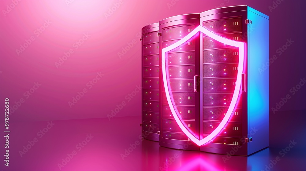 Poster futuristic data security concept featuring a glowing shield over a server with vibrant neon lighting