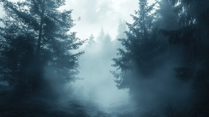 Naklejka premium Misty fog rolling through a dense forest of towering trees, creating a mystical and eerie woodland landscape