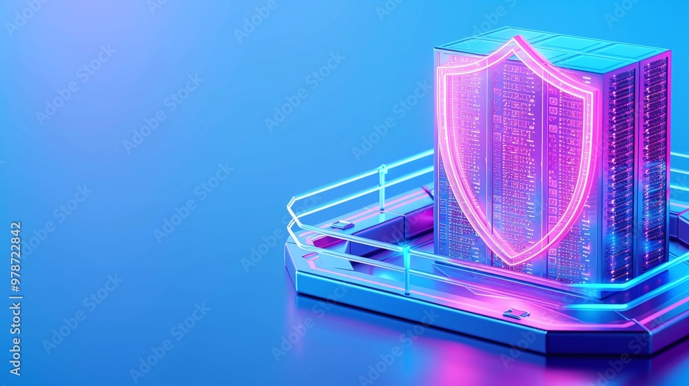 Aufkleber futuristic data security concept with neon shield over digital server, representing technology and p