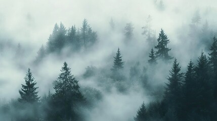 Misty forest with fog swirling around the trees, creating a hauntingly beautiful and mysterious landscape