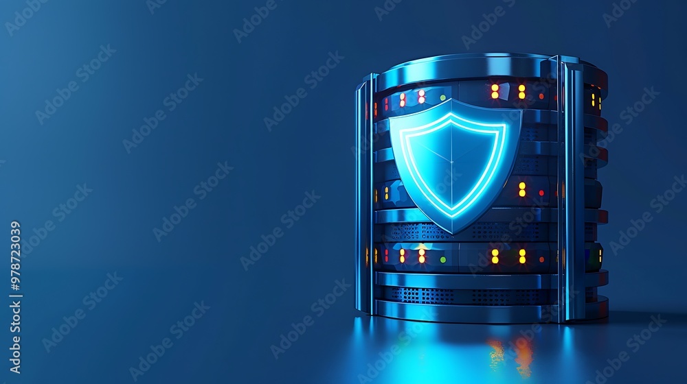 Poster futuristic data security shield glowing in blue, symbolizing protection and technology. ideal for cy
