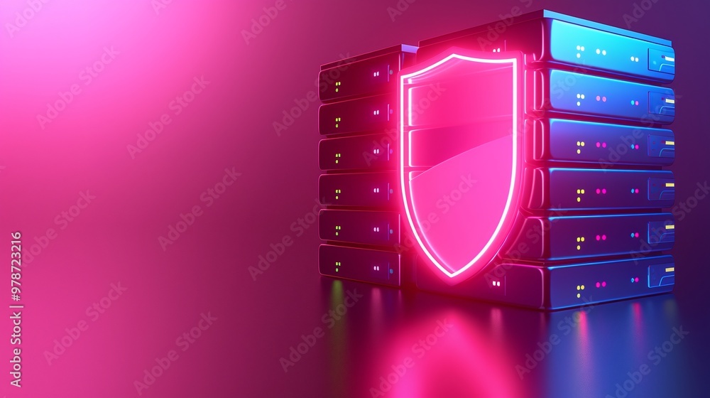 Poster futuristic data server featuring a glowing shield, representing cybersecurity and digital protection