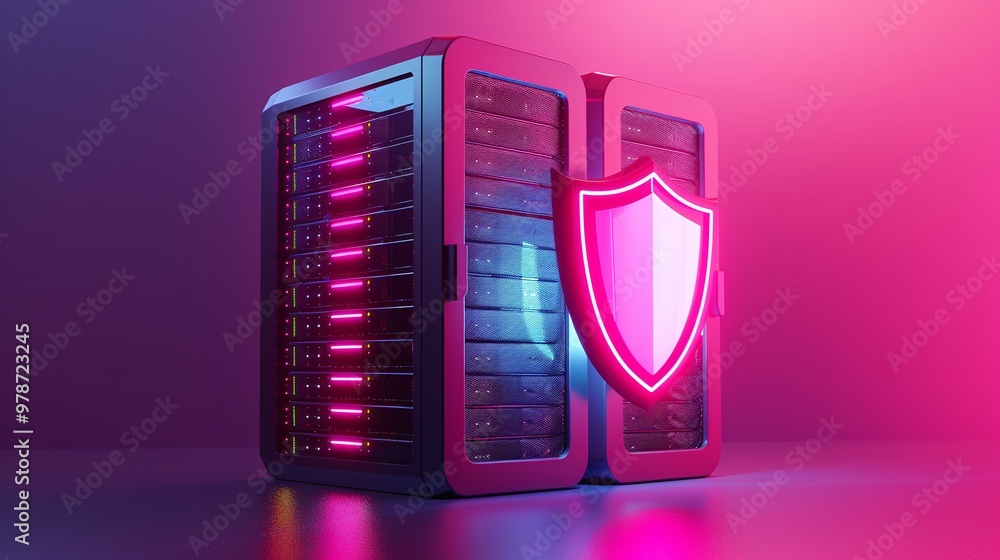 Poster futuristic data server featuring a glowing shield symbol, representing advanced cybersecurity and da