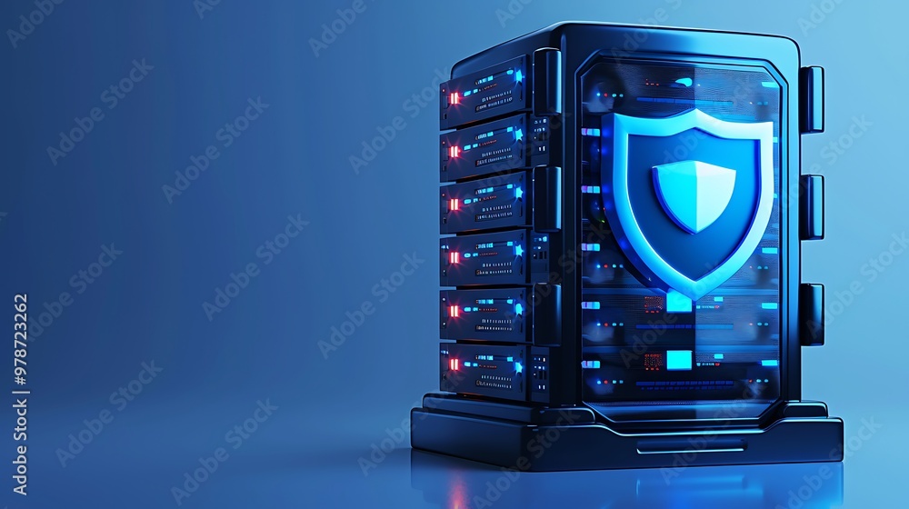 Poster futuristic data server showcasing security features with illuminated shield, symbolizing protection 