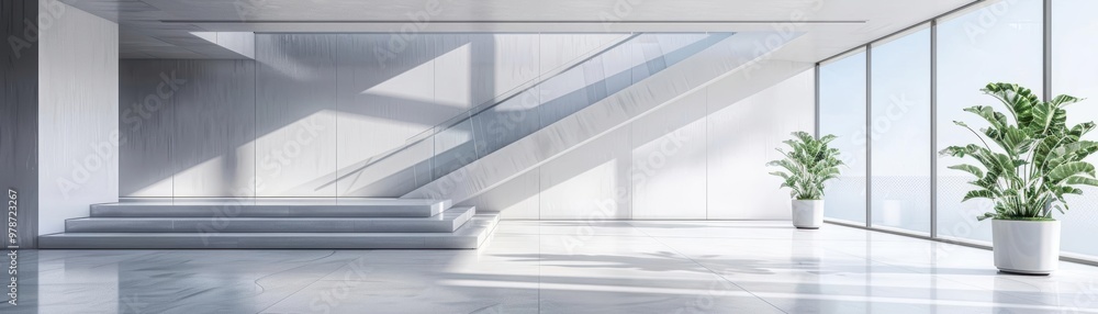 Aufkleber modern interior design featuring spacious stairway, large windows, and greenery creating an inviting