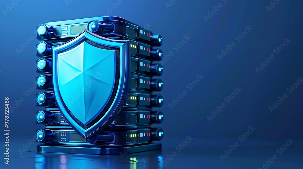 Poster futuristic data server with a blue shield symbolizing security and protection in digital technology.