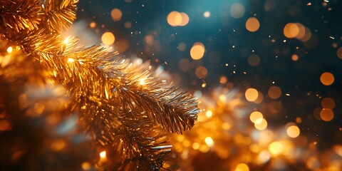 Fototapeta premium Sparkling tinsel garland in gold ,blurry background,