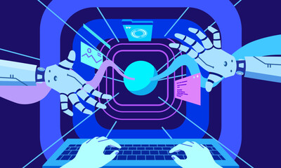 Artificial intelligence or robots with intelligent AI brains, a concept of technology that assists in work, and a scientific innovation