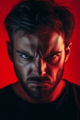 Fototapeta premium Man displays a fierce and intense expression of anger on red backdrop