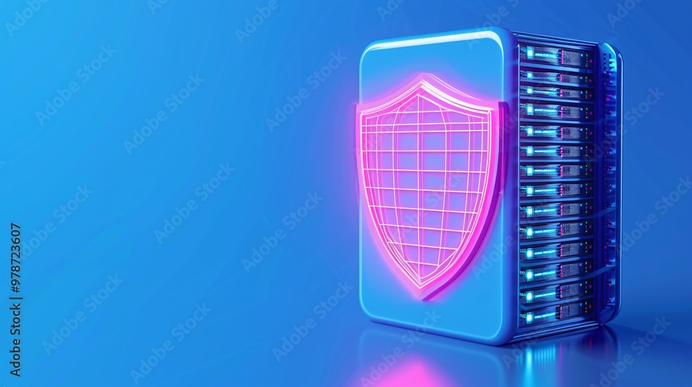 Poster futuristic data server with a glowing shield symbol, representing advanced security and technology i