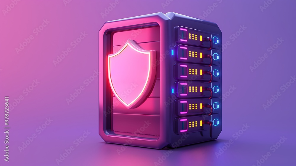 Poster futuristic data server with a glowing shield symbolizing cybersecurity and data protection in a vibr